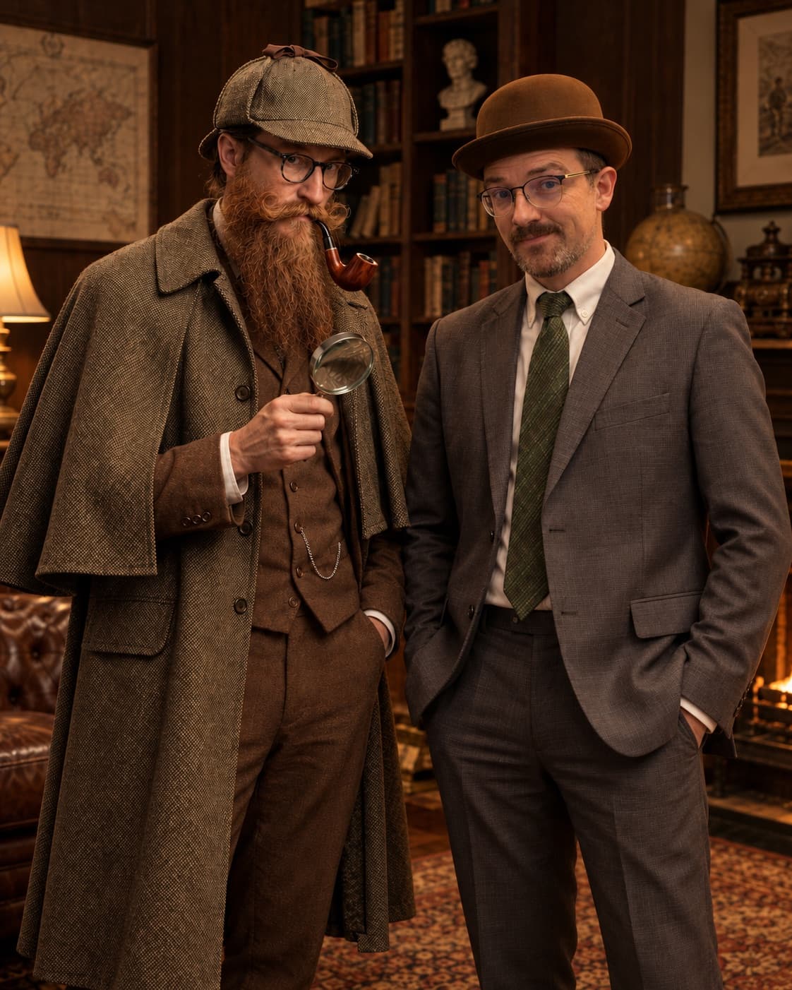 Adam Meeks and Spencer Tetik dressed as detectives with a magnifying glass